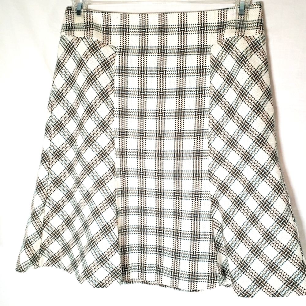 Ann Taylor LOFT Ivory Green Multicolored Tweed Y2K Knee Length Skirt Sz 6
